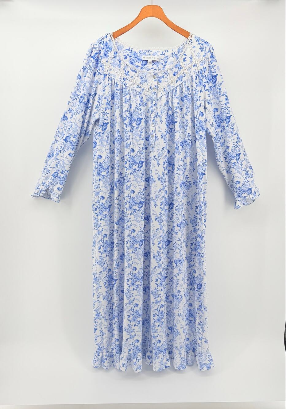 Eileen West Blue Floral Lace Trim Long Sleeve Nightgown Size M Modest Cottage
